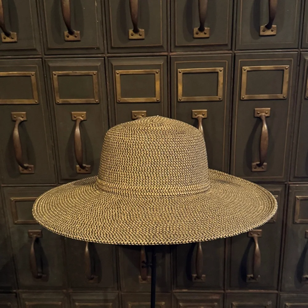 Nine West Black and Natural Woven Wide-Brim Sun Hat